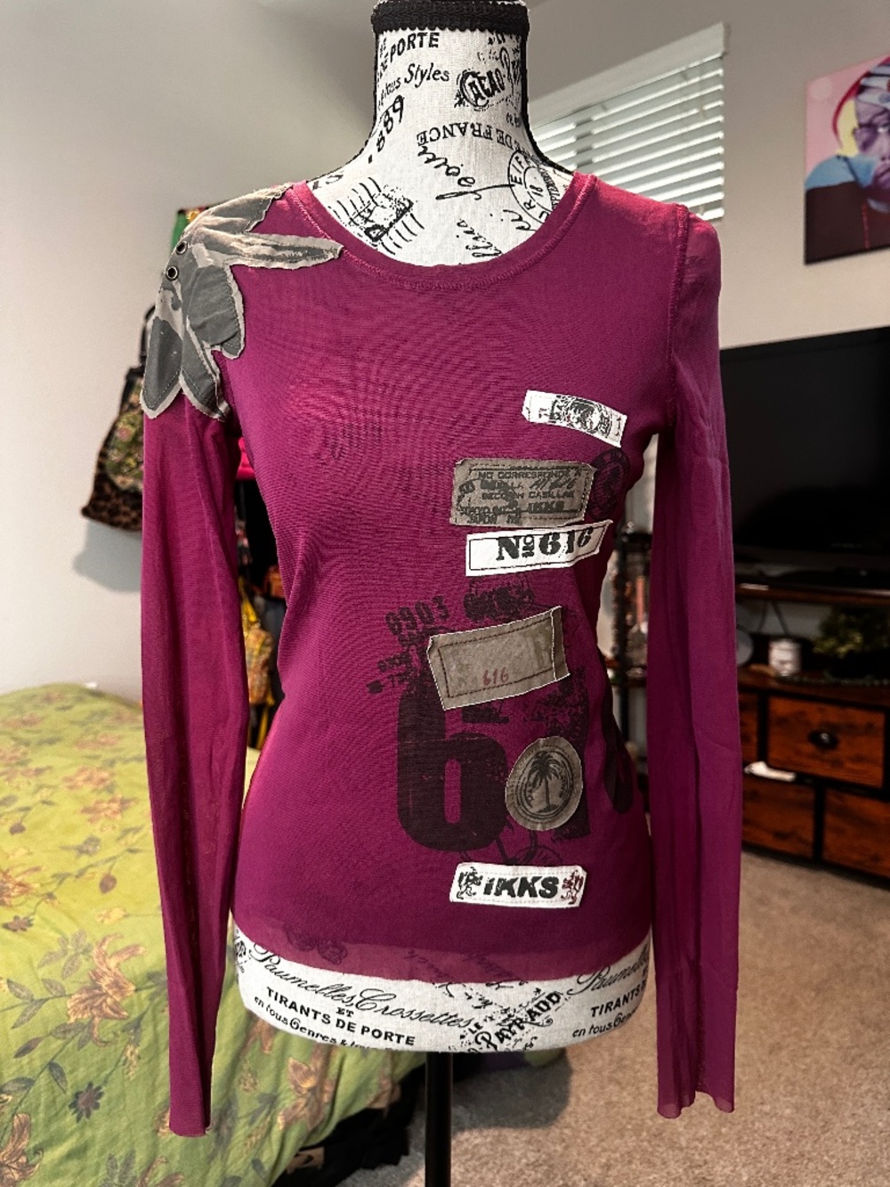euro double layer mash magenta long sleeve with cut out graphic design on front